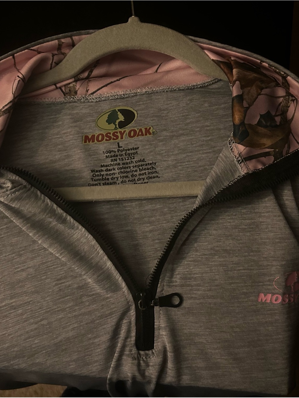 Mossy Oak Gray Quarter-Zip Hoodie with Pink Camo Lining